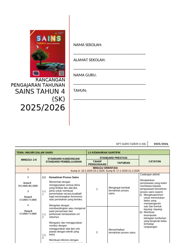 RPT Sains Tahun 4 2025/2026 | PDF
