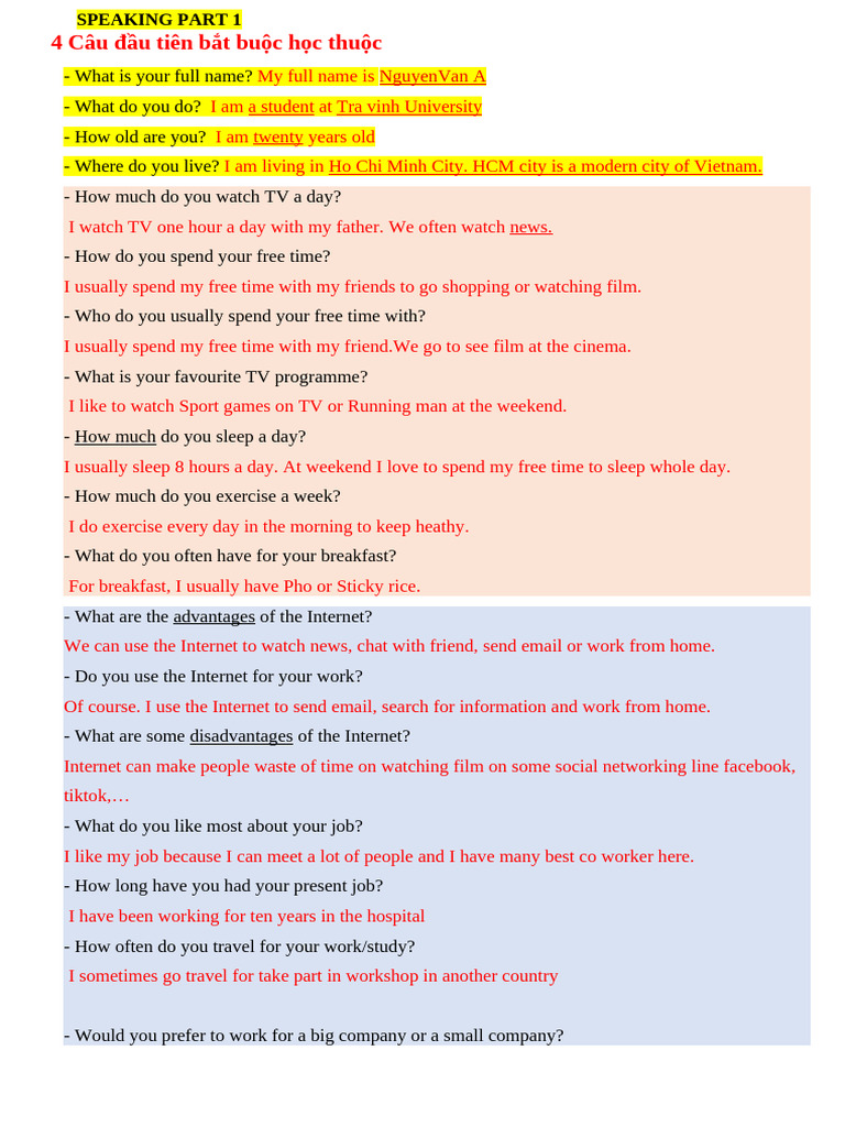 Essential Speaking Part 1 Questions | PDF