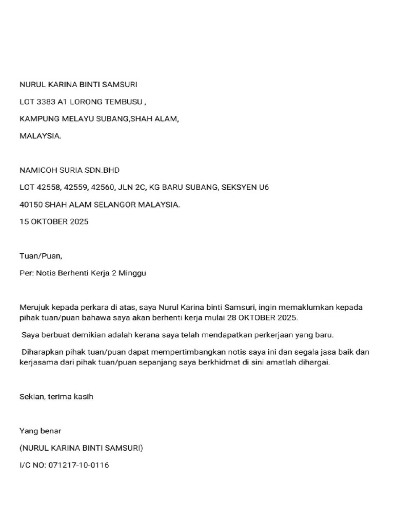 Notis Berhenti Kerja Pdf