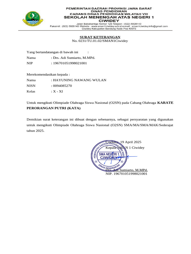 Surat Rekomendasi O2SN Karate 2025 | PDF