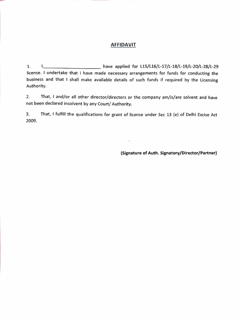 Delhi Excise License Application Affidavit | PDF