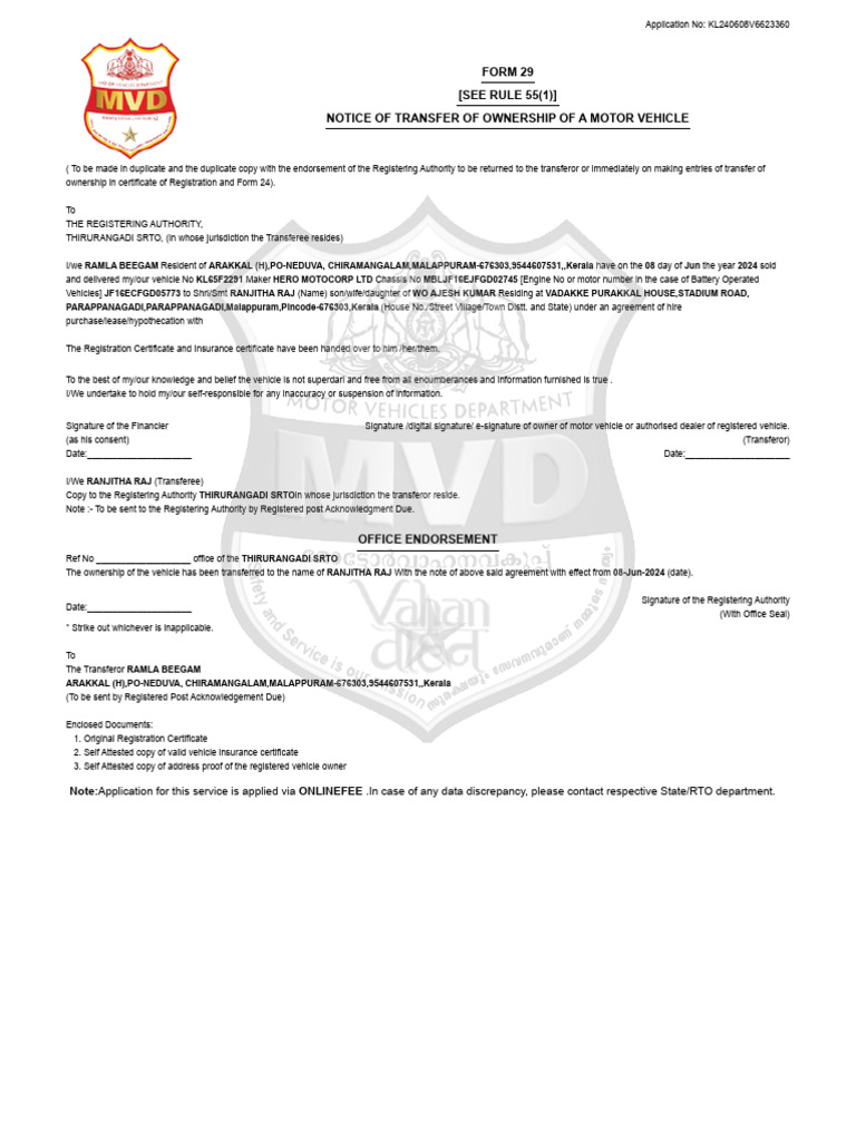 Motor Vehicle Ownership Transfer Notice | PDF | Transport | Vehicles
