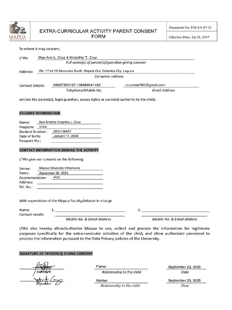 Grade 12 Club Officer Parents Consent | PDF