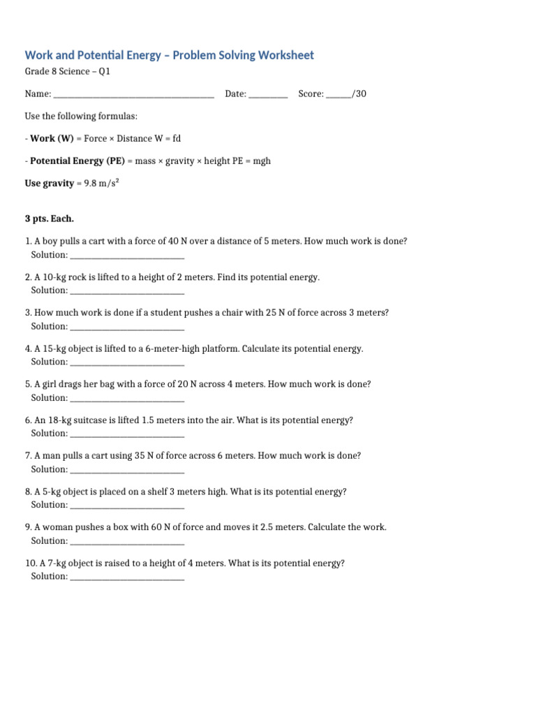 Work and Potential Energy Worksheet | PDF