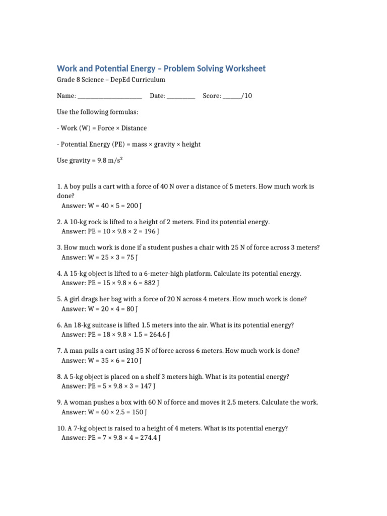 Science8 Work PE ProblemSolving | PDF