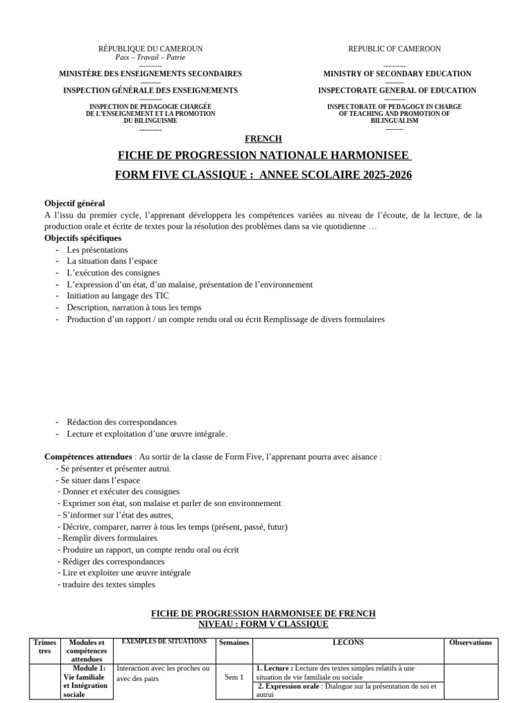 Fiche de progression Form Five Français | PDF | Lexique | Orthographie