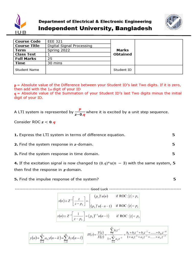 Digital Signal Processing Test EEE 321 | PDF