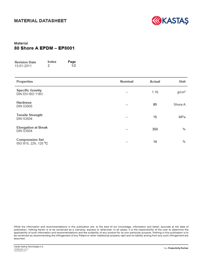 80 Shore A EPDM Material Datasheet | PDF | Materials Science