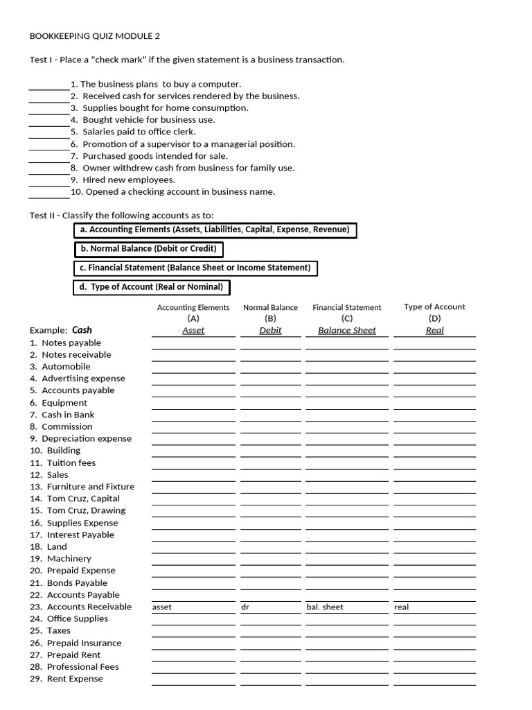 Bookkeeping Quiz: Business Transactions Analysis | PDF | Debits And ...