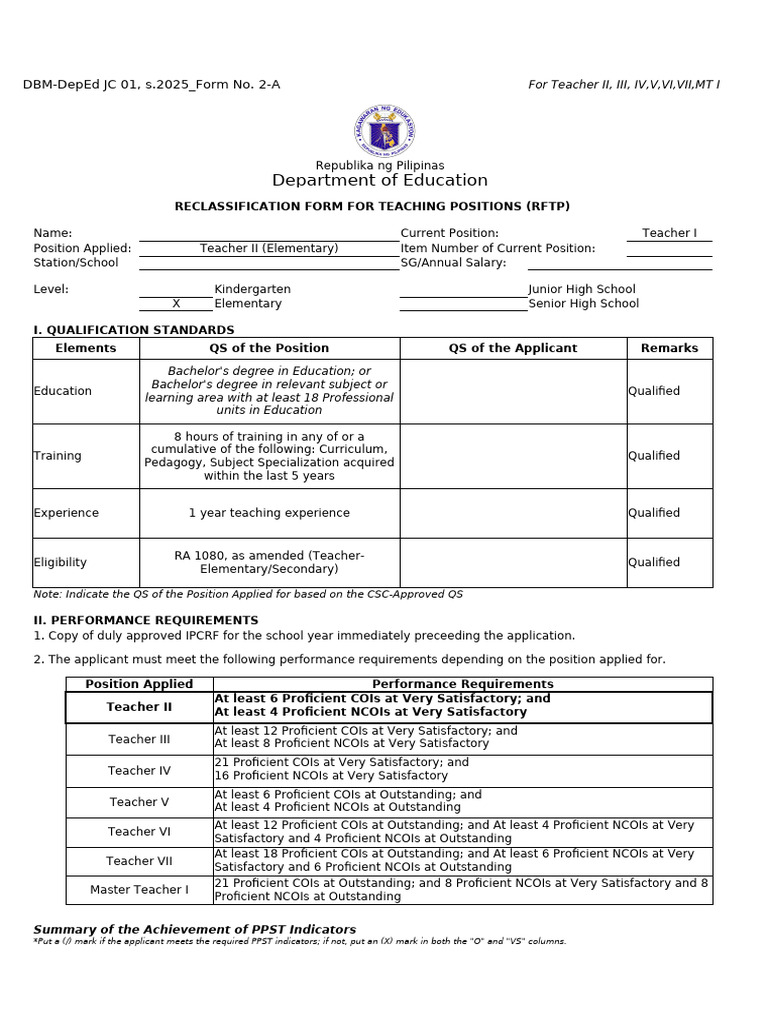 Teacher Position Reclassification Form | PDF | Educational Assessment ...