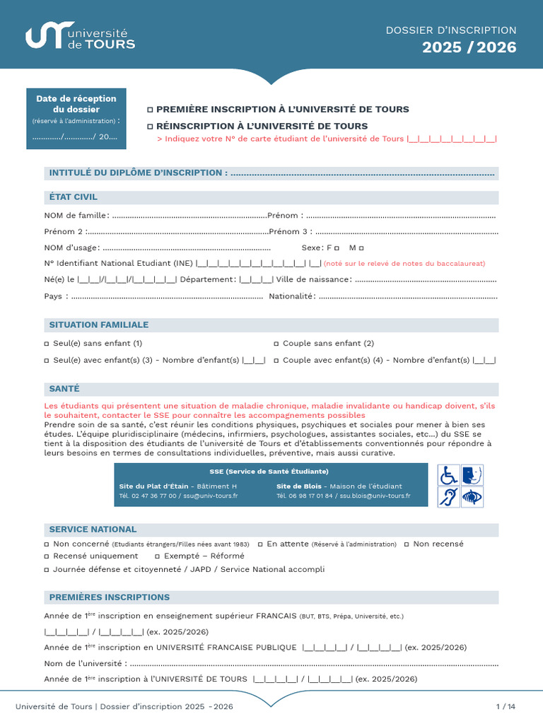 Dossier d'inscription Université Tours 20252026 PDF Université — free download