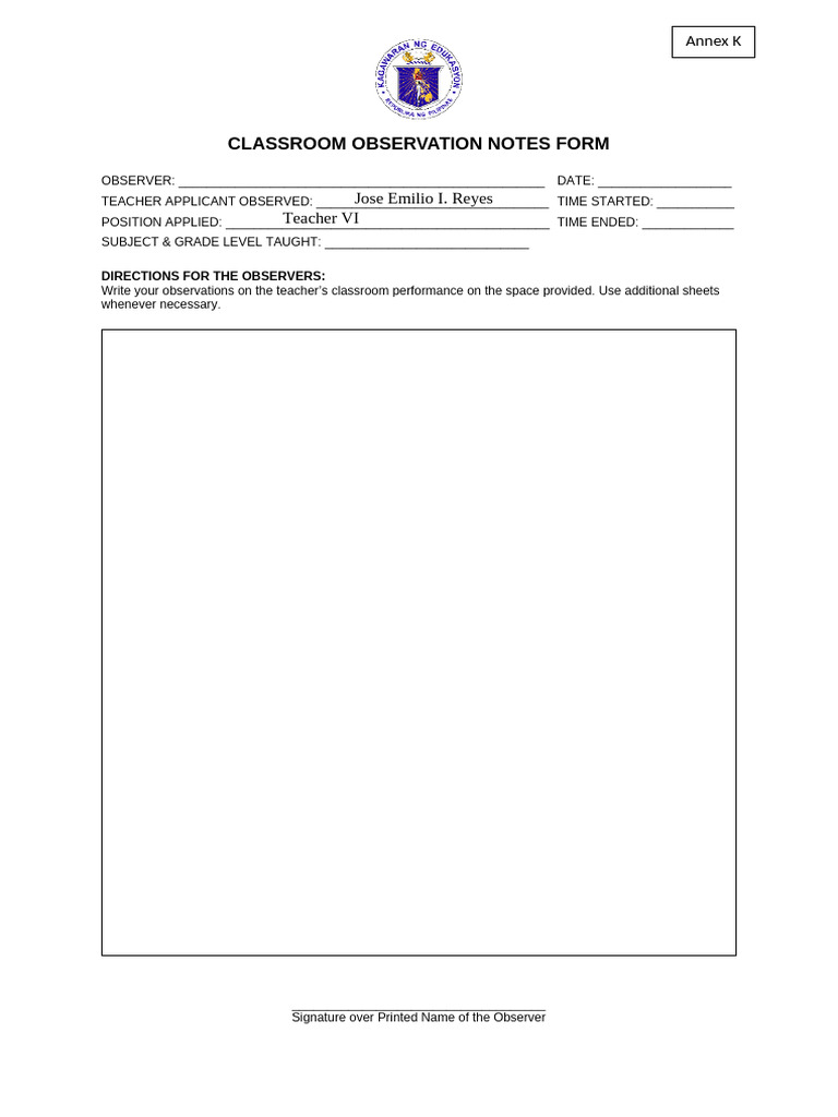 Classroom Observation Notes Template | PDF