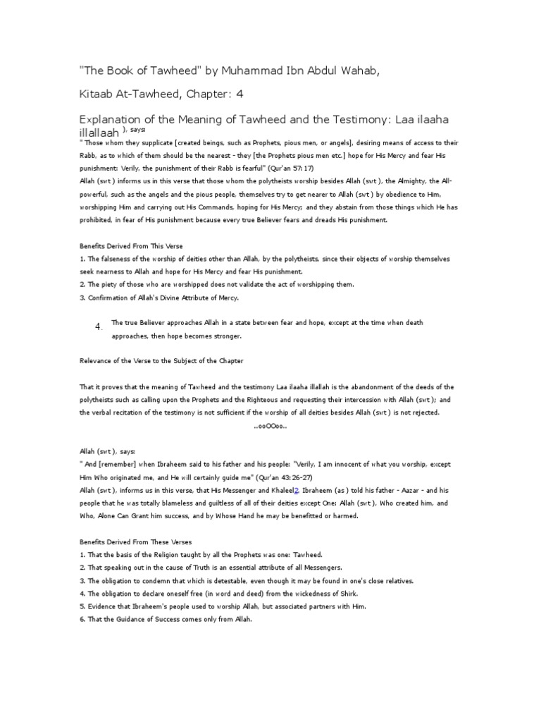 The Book of Tawheed Chapter 4 | PDF | Tawhid | God In Islam