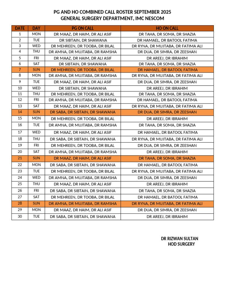 September PG & Ho Call Roster 2025 | PDF