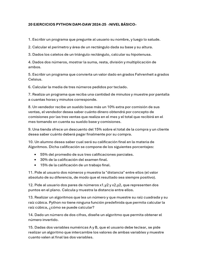 20 Ejercicios Python Dam I para Ayudarte | PDF | Algoritmos