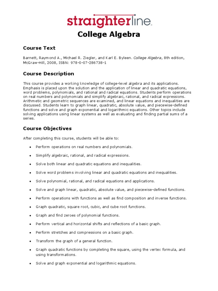 College Algebra Course Overview | PDF | Quadratic Equation | Equations
