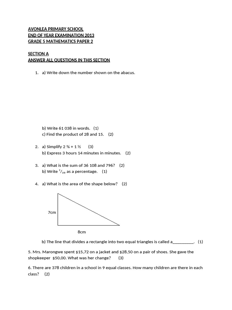 Grade 5 Mathematics Exam Paper 2013 | PDF
