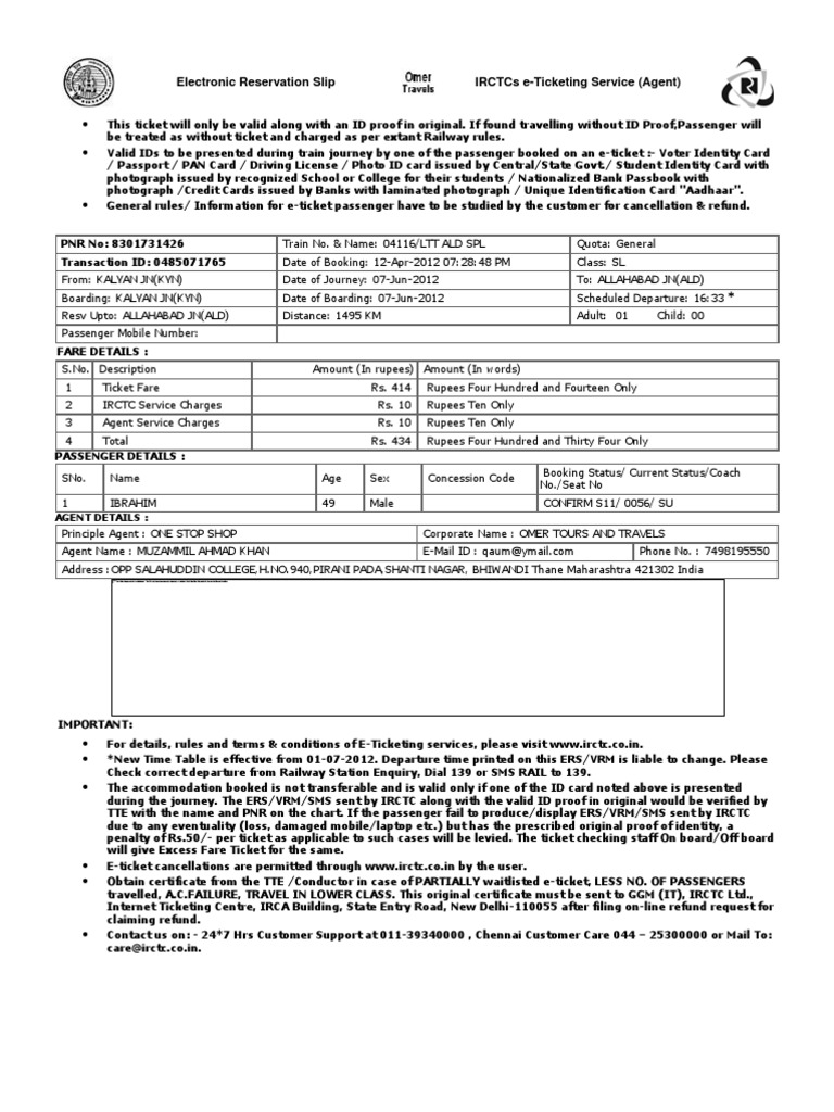 IRCTC E-Ticket Reservation Details | PDF | Identity Document | Ticket ...