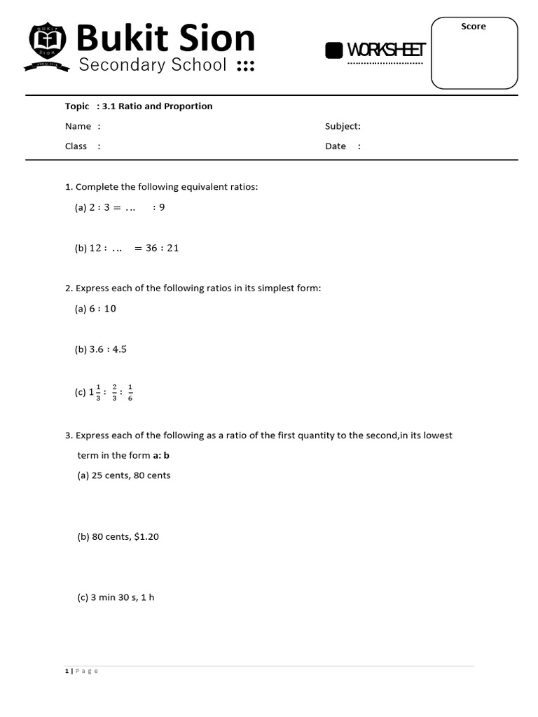 Ratio and Proportion Worksheet | PDF