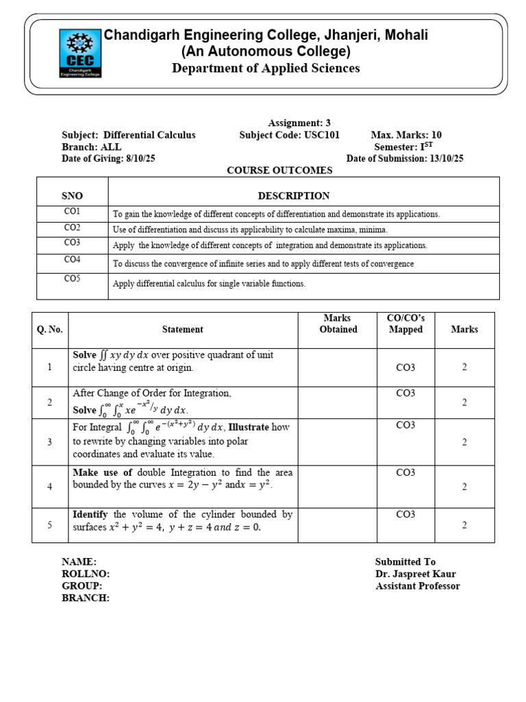 Differential Calculus Assignment 3 | PDF | Integral | Differential Calculus