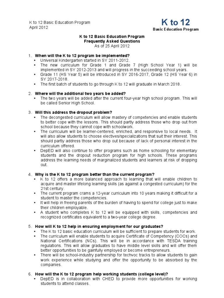 K to 12 Program Implementation Overview | PDF | Students | Curriculum