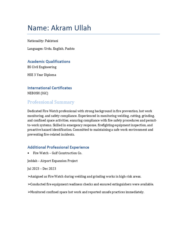 Fire Watch Professional Resume - Akram Ullah | PDF | Fire Safety | Safety