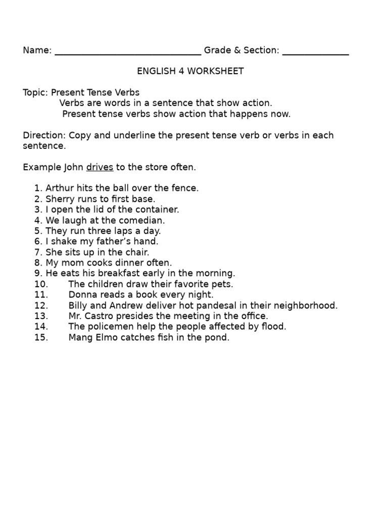 Present Tense Verbs Worksheet for Grade 4 | PDF