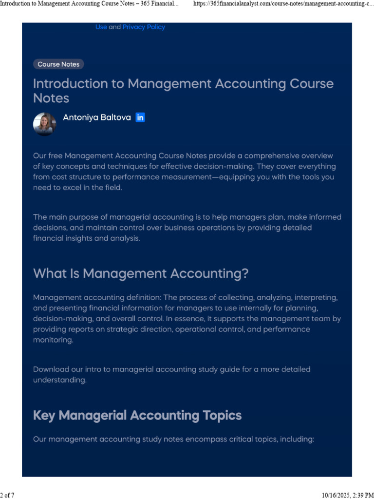 Management Accounting Course Notes | PDF