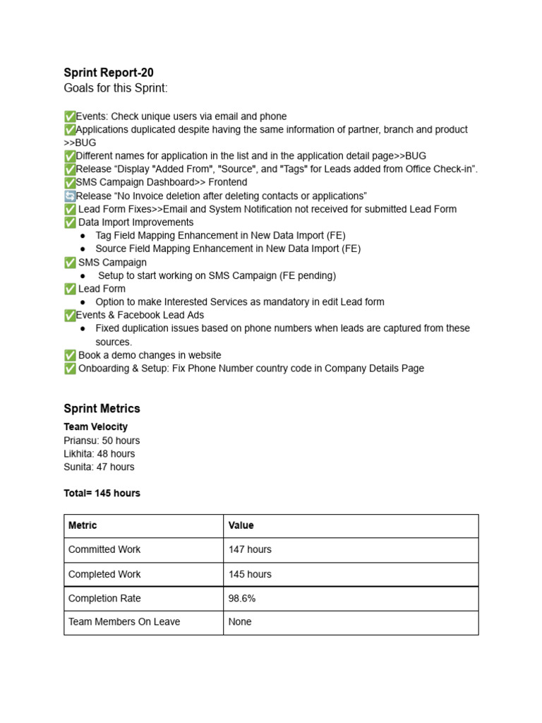 Sprint Report Summary and Metrics | PDF | Software Engineering ...