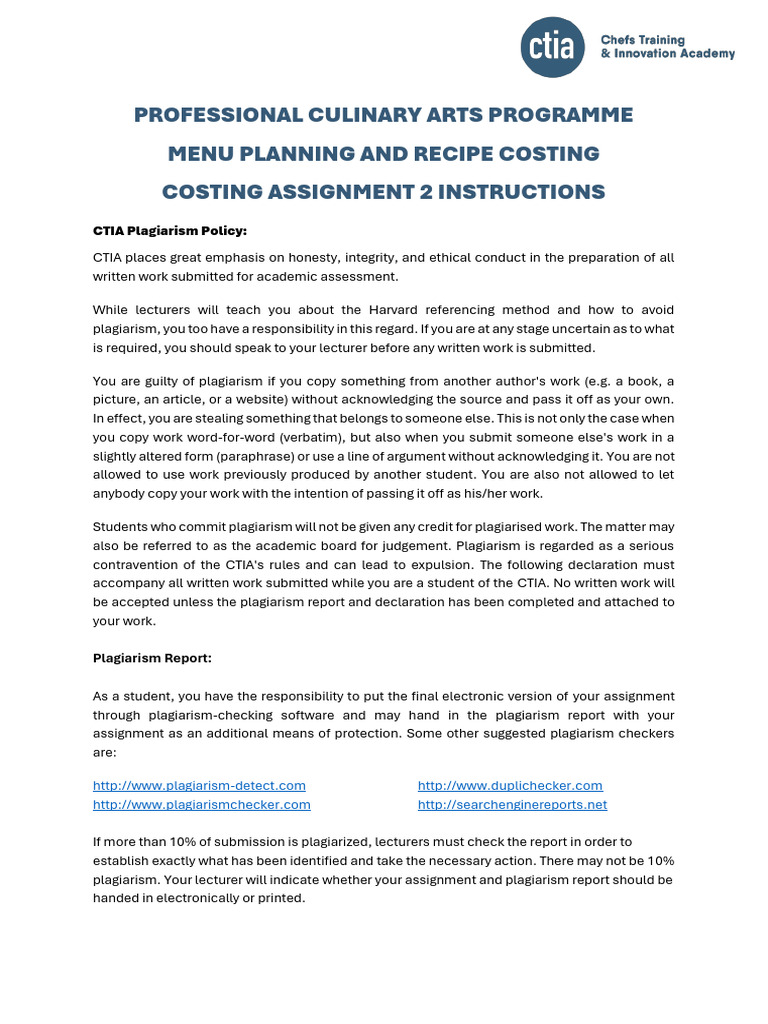 Culinary Arts Assignment (Menu Planning and Recipe Costing 2) Qcto ...