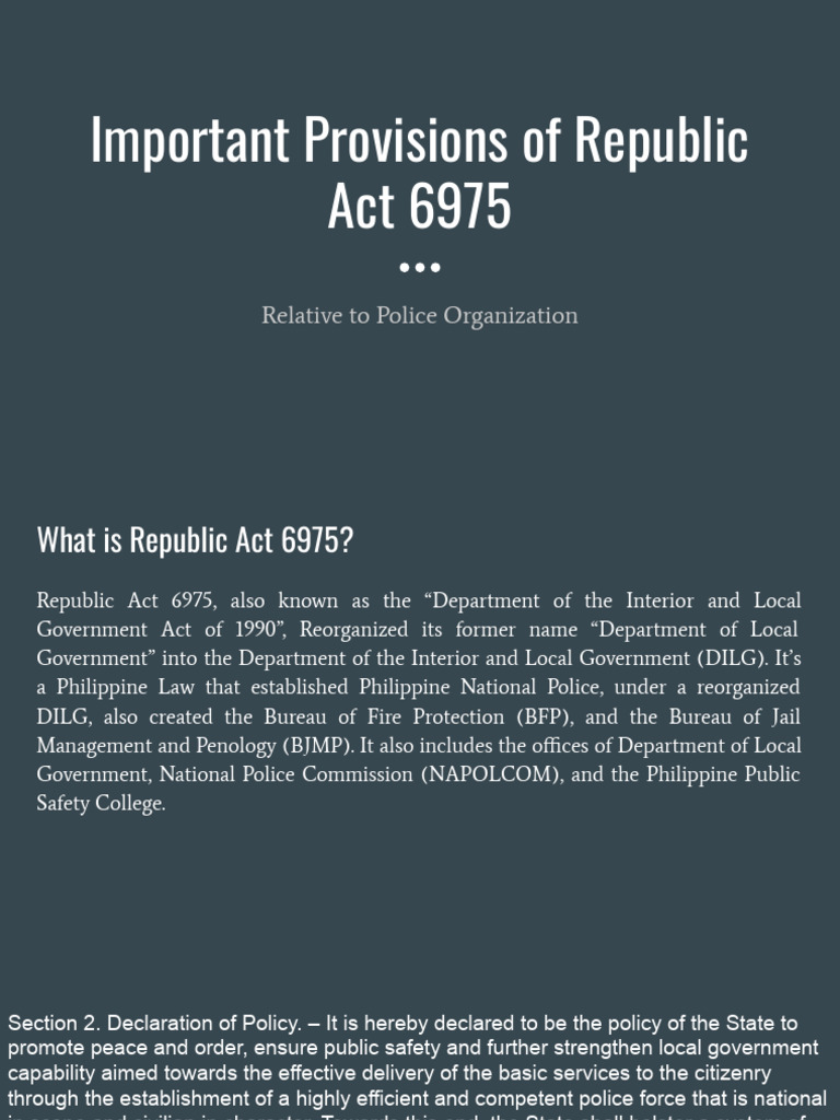 Provisions of RA 6975: DILG Act Overview | PDF | Inspector | Police