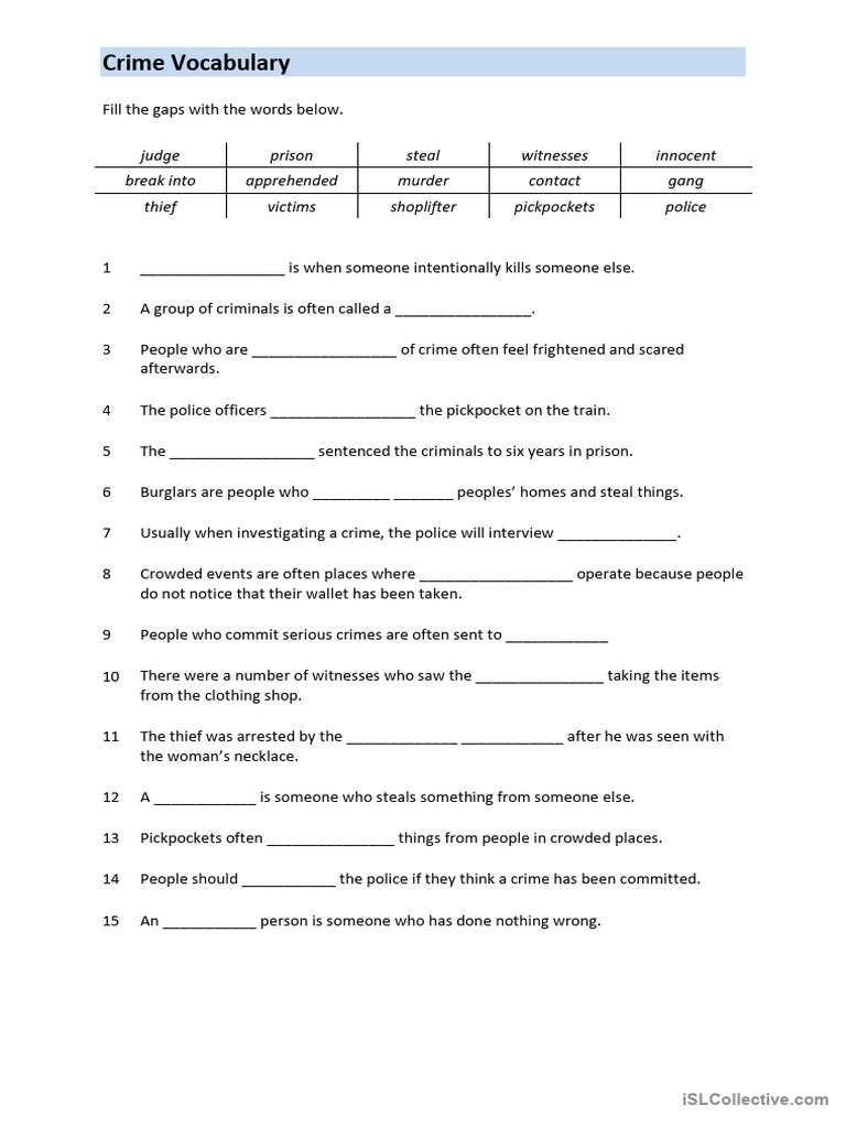 Crime & Punishment Vocabulary - Intermediate | PDF | Crimes | Crime ...
