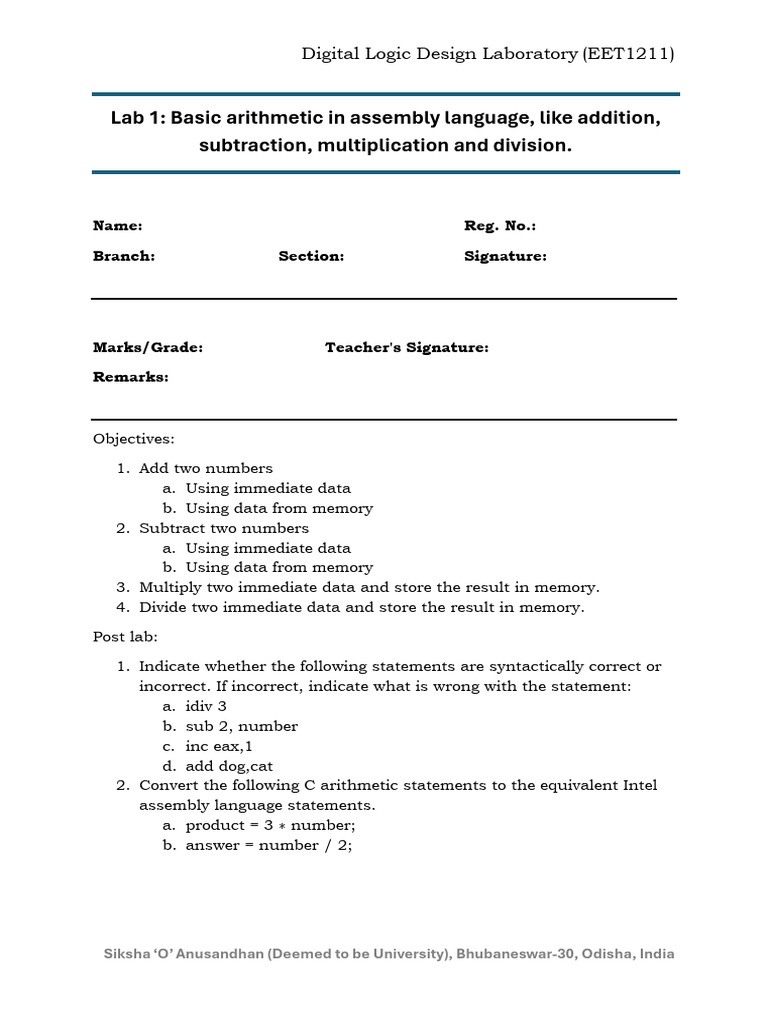Digital Logic Design Lab: Arithmetic Operations | PDF