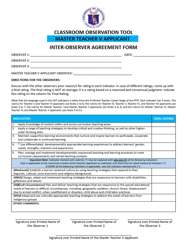 Master Teacher V Observation Form | PDF