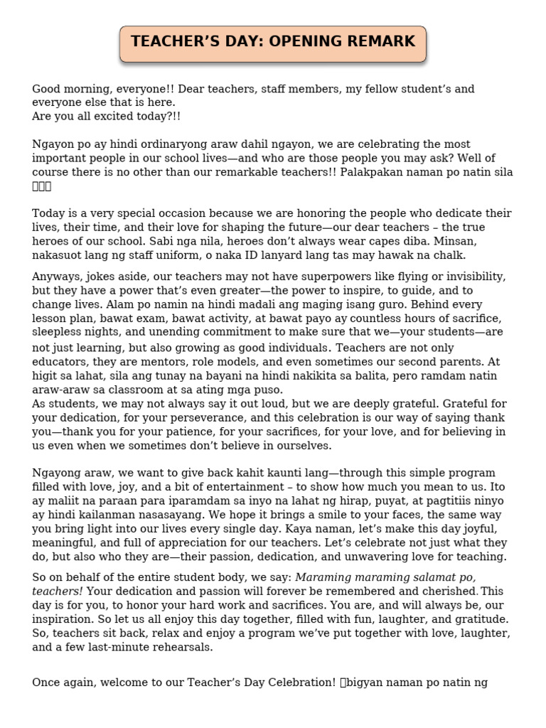 Teacher's Day Opening Remarks Script | PDF
