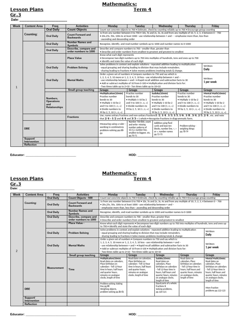 Gr. 3 Term 4 Math Lesson Plans | PDF | Multiplication | Numbers