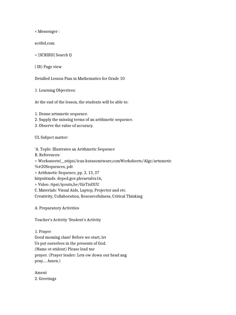 Grade 10 Math Lesson Plan: Sequences | PDF