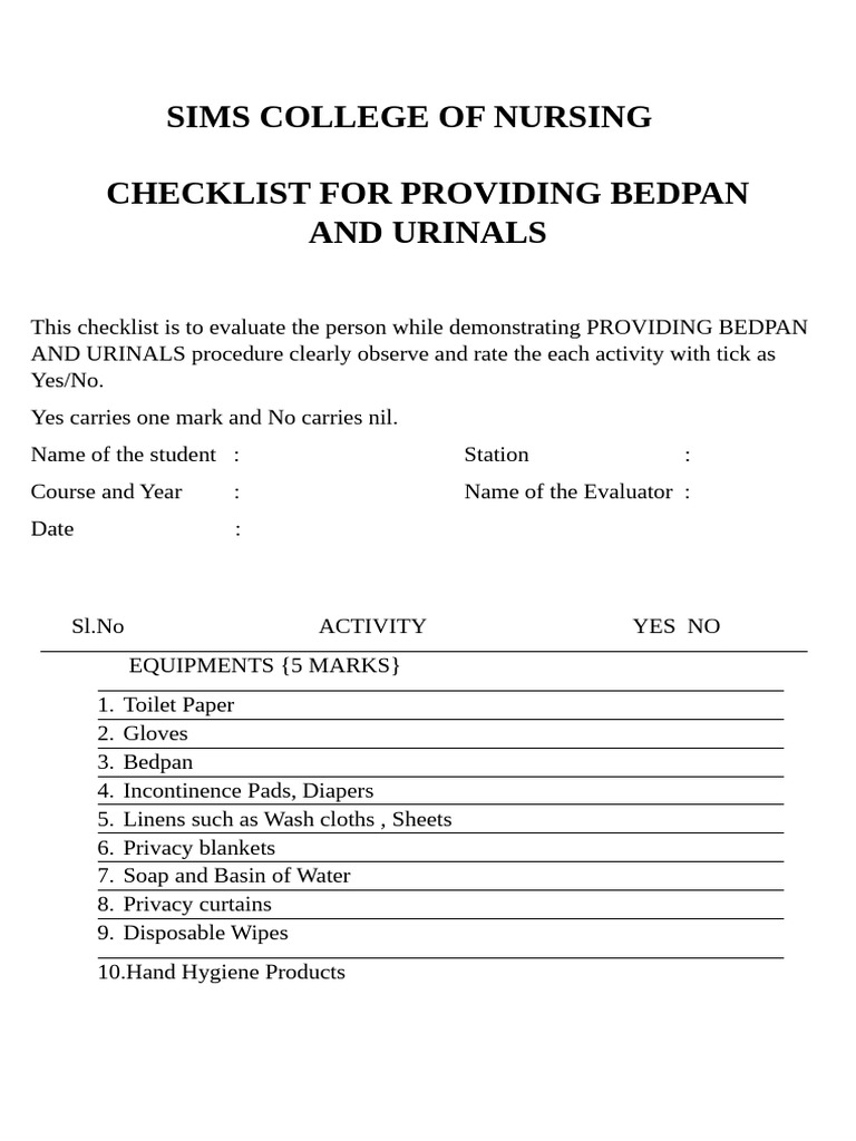 Bedpan and Urinal Procedure Checklist | PDF | Toilet | Diaper