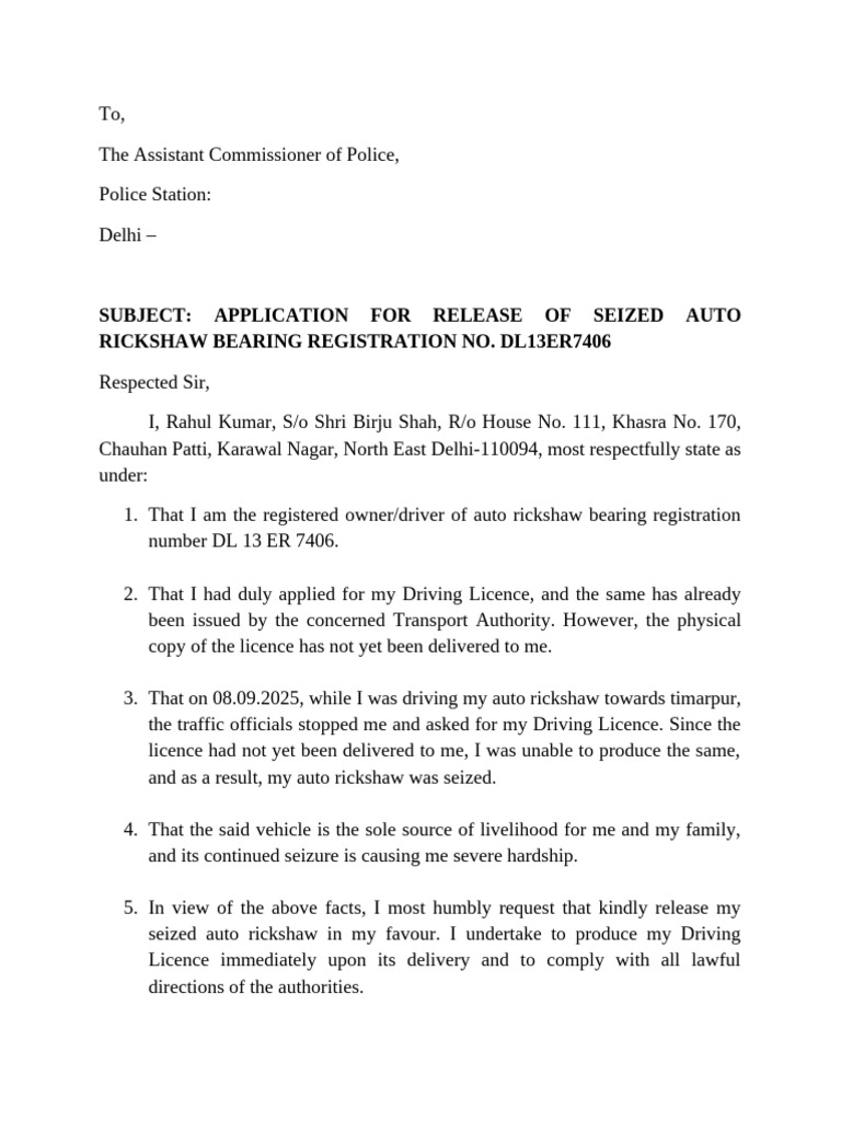 Auto Rickshaw Release Petition | PDF