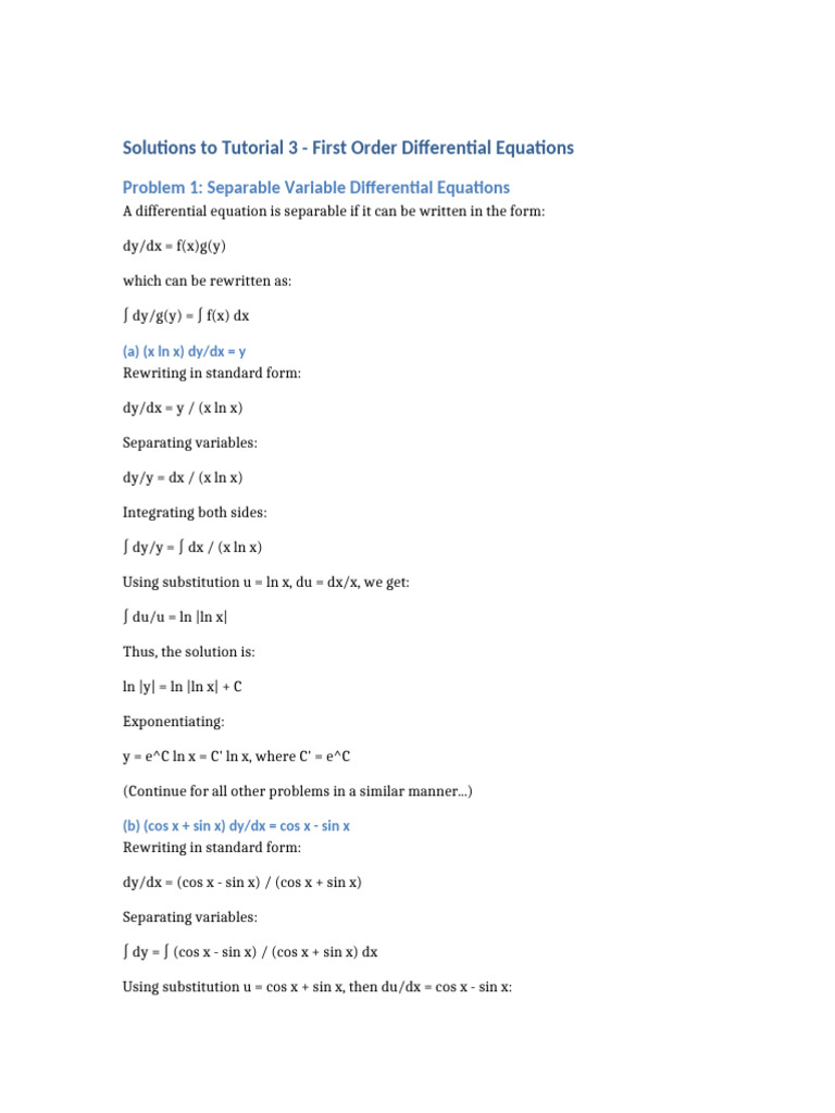 Solutions for First Order Differential Equations | PDF