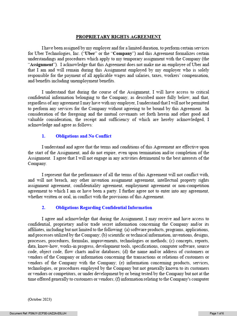 Uber Proprietary Rights Agreement | PDF | Trade Secret | Legal Remedy
