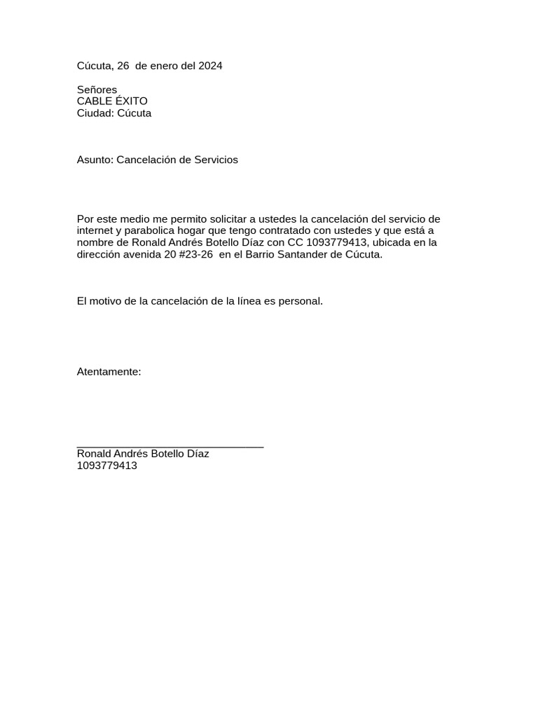 Carta de Cancelación Cable Exito | PDF