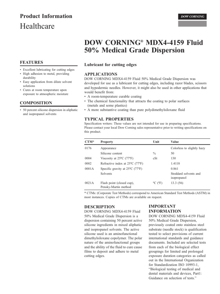 DOW CORNING MDX4-4159 Fluid 50% Medical Grade Dispersion | PDF ...
