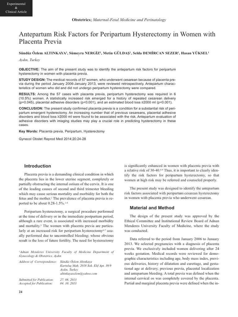 Antepartum Risk Factors for Hysterectomy in Placenta Previa | PDF ...