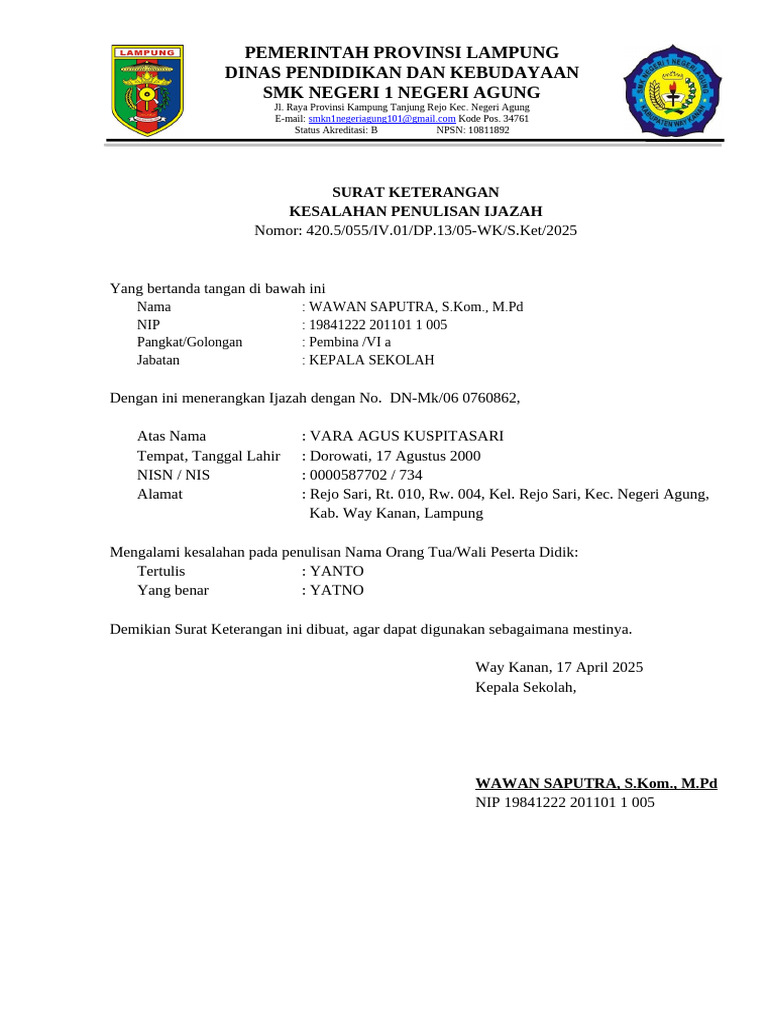 Surat Keterangan Kesalahan Ijazah SMK | PDF