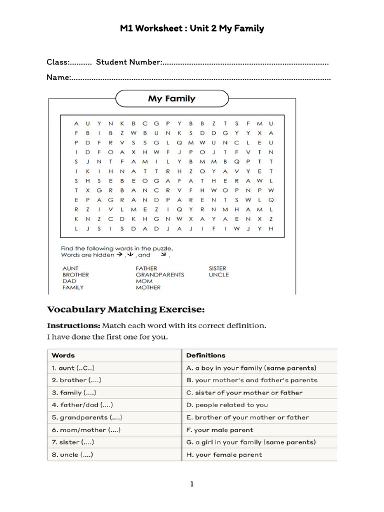 M1 Worksheet: My Family Writing Task | PDF