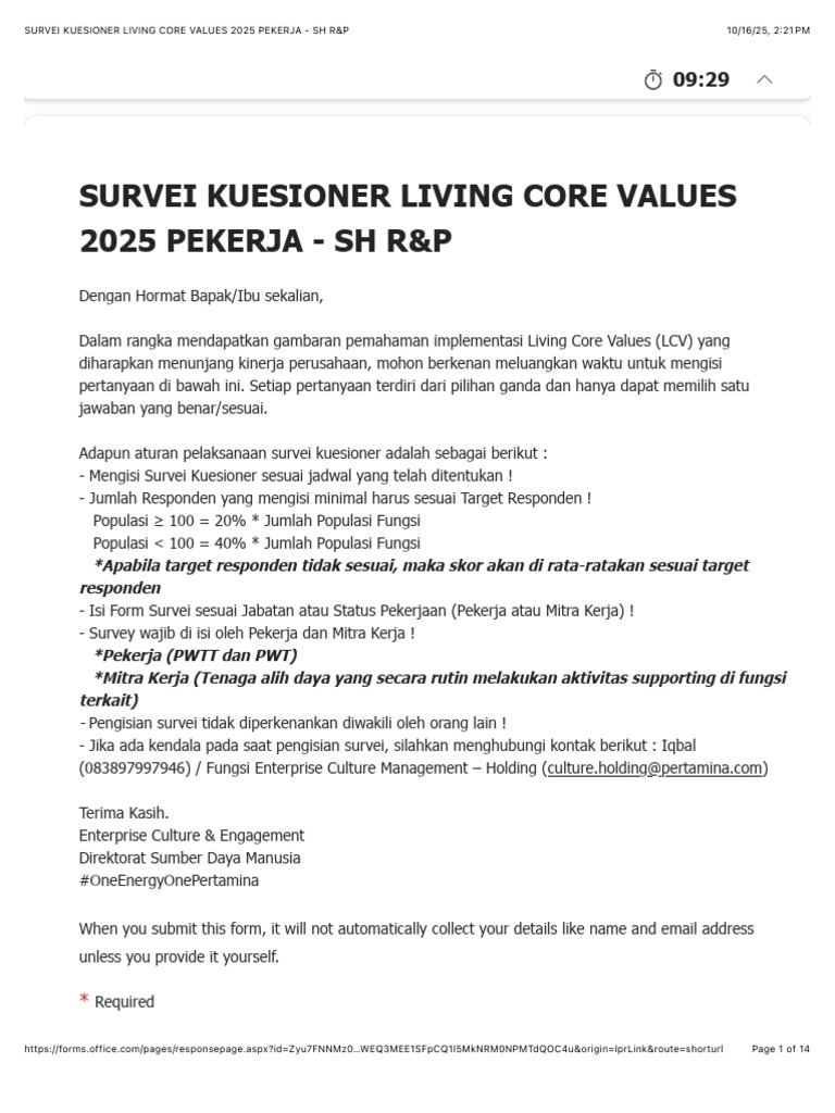 Survei Kuesioner Living Core Values 2025 Pekerja - SH R&P | PDF