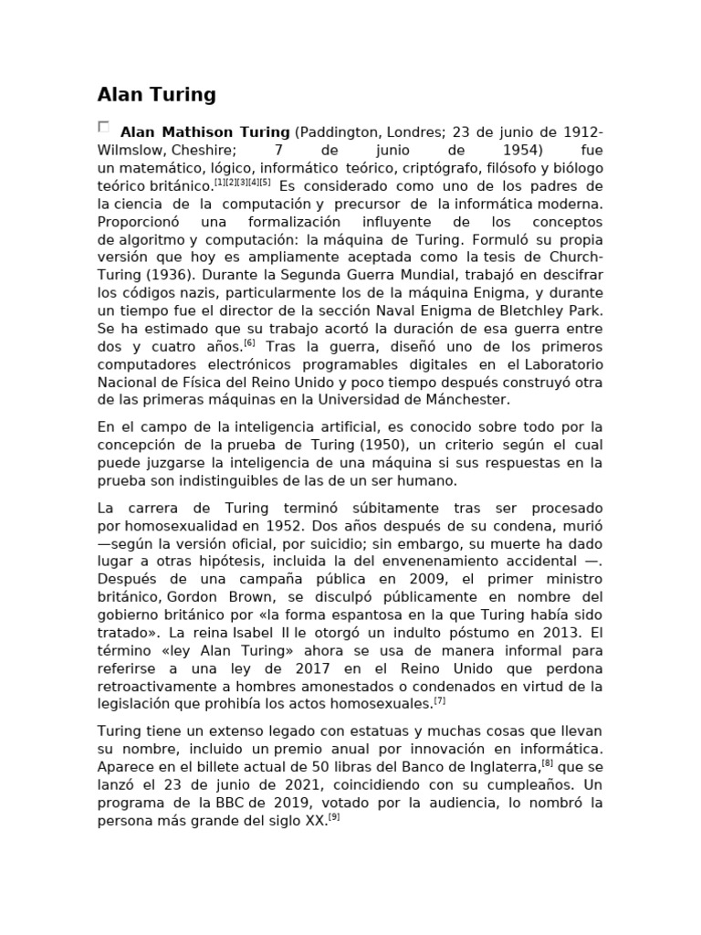 Alan Turing: Pionero de la Computación | PDF | Alan Turing | Lógica ...