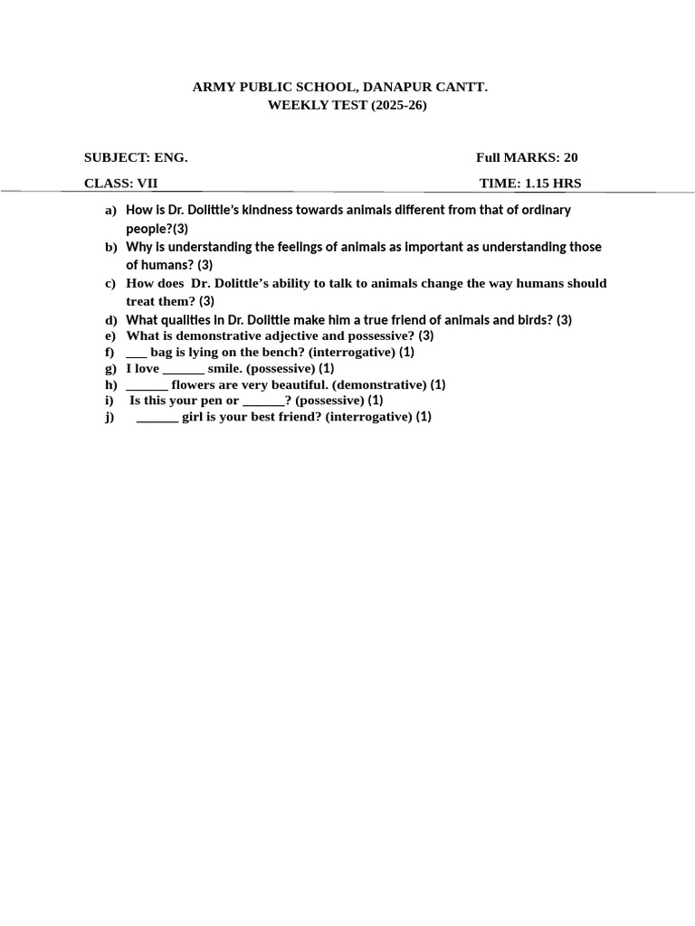 Class VII English Weekly Test 2025-26 | PDF