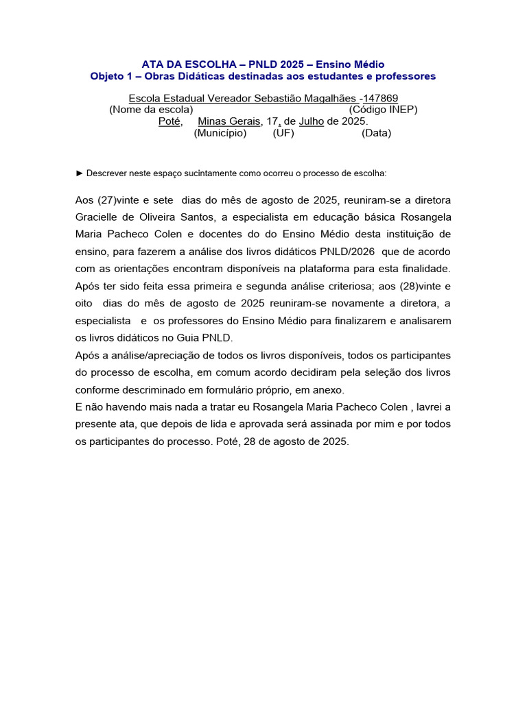 Escolha de Livros PNLD 2026 - Ata | PDF | Science